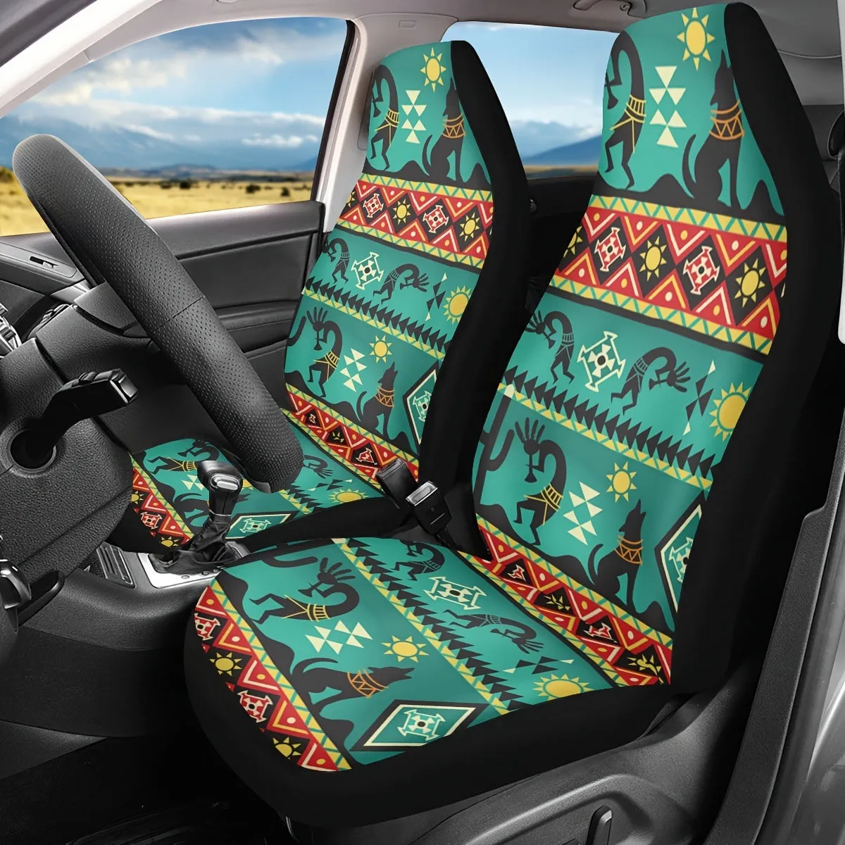 15pcs Car Seat Covers Color Navajo Green Seat Covers With Steering Wheel Cover, Wrist Strap, Car Coasters, Armrest Pads, Shoulde