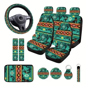 15pcs Car Seat Covers Color Navajo Green Seat Covers With Steering Wheel Cover, Wrist Strap, Car Coasters, Armrest Pads, Shoulde