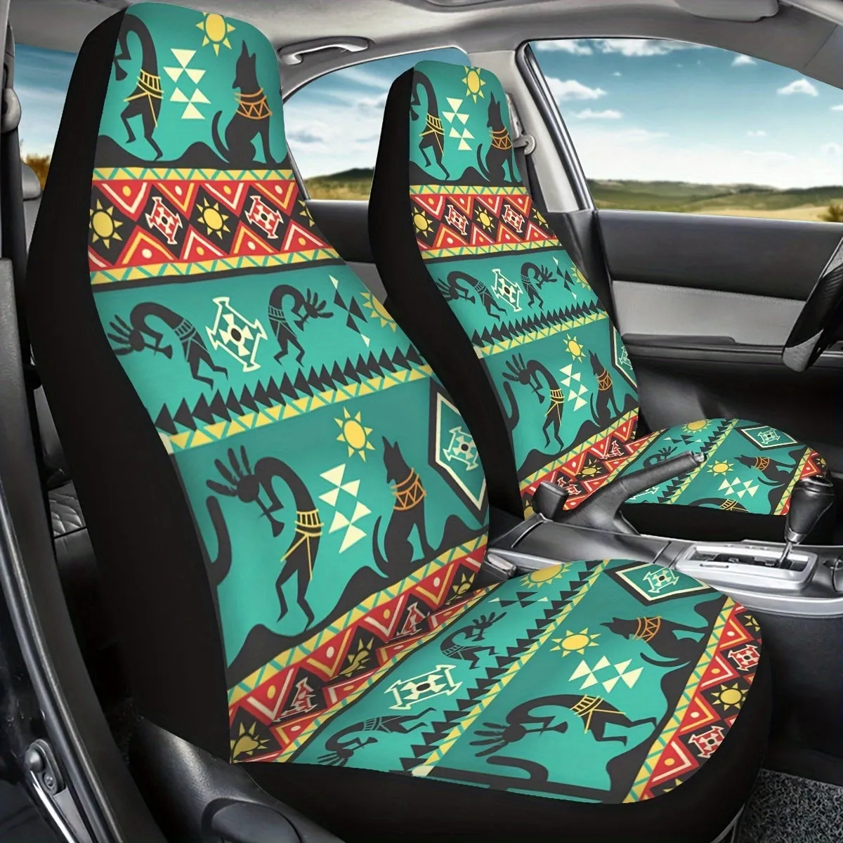 15pcs Car Seat Covers Color Navajo Green Seat Covers With Steering Wheel Cover, Wrist Strap, Car Coasters, Armrest Pads, Shoulde