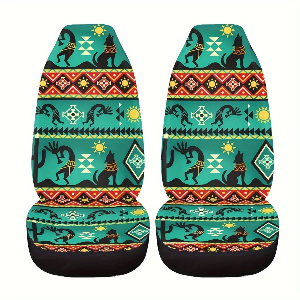 15pcs Car Seat Covers Color Navajo Green Seat Covers With Steering Wheel Cover, Wrist Strap, Car Coasters, Armrest Pads, Shoulde