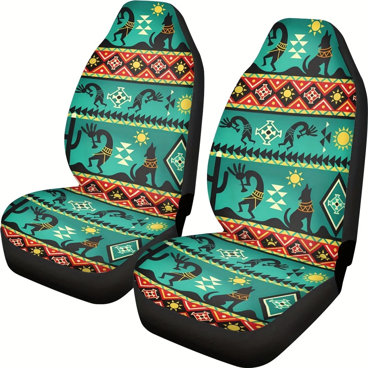 15pcs Car Seat Covers Color Navajo Green Seat Covers With Steering Wheel Cover, Wrist Strap, Car Coasters, Armrest Pads, Shoulde