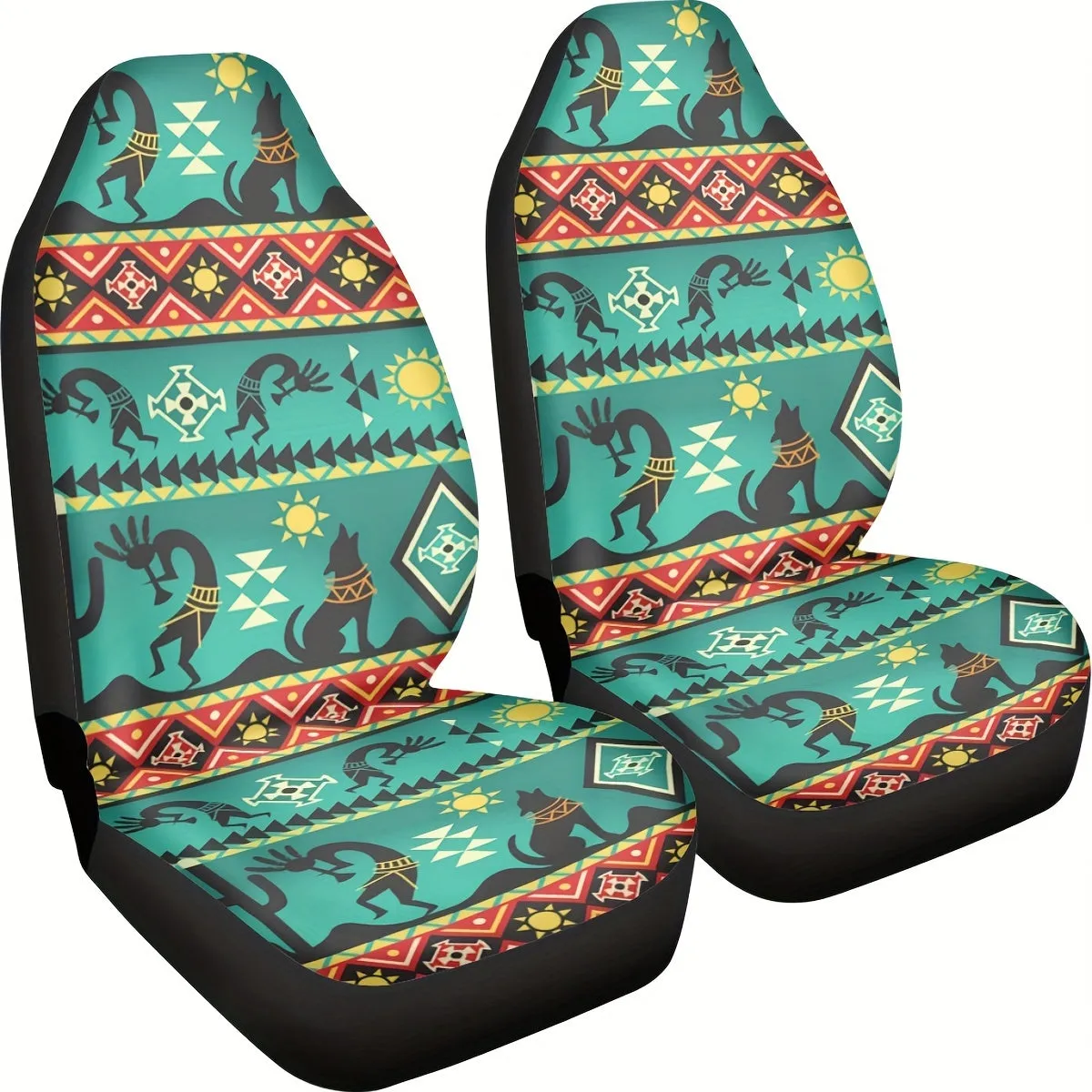 15pcs Car Seat Covers Color Navajo Green Seat Covers With Steering Wheel Cover, Wrist Strap, Car Coasters, Armrest Pads, Shoulde