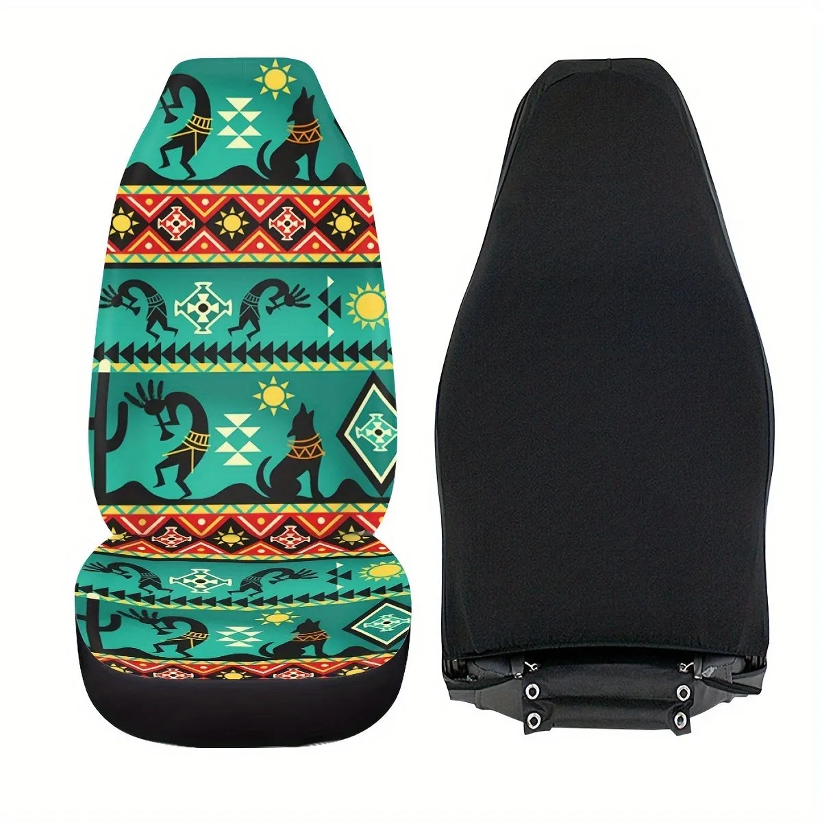 15pcs Car Seat Covers Color Navajo Green Seat Covers With Steering Wheel Cover, Wrist Strap, Car Coasters, Armrest Pads, Shoulde