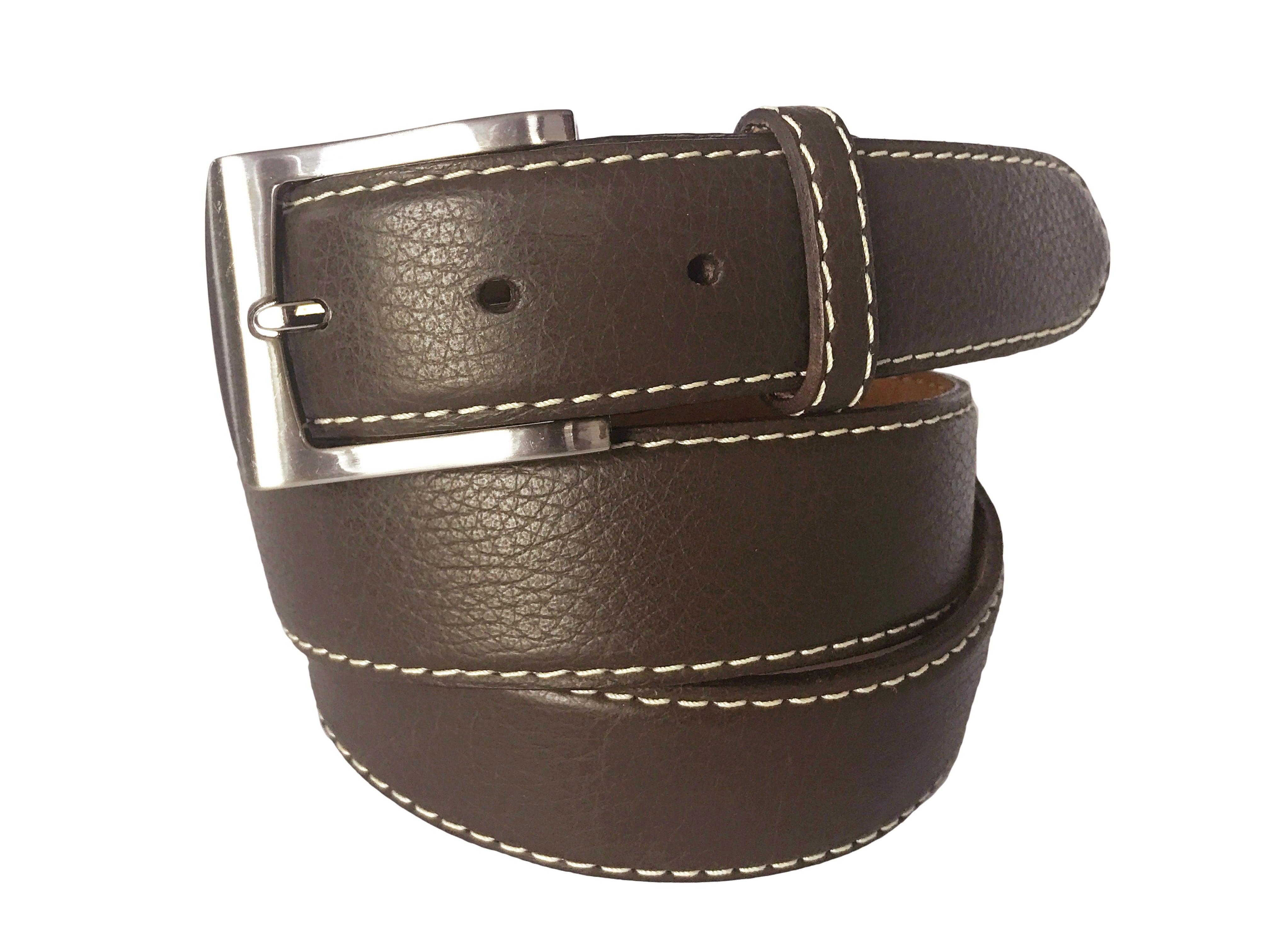 Calf Skin Pebble Belt Brown / White Stitch