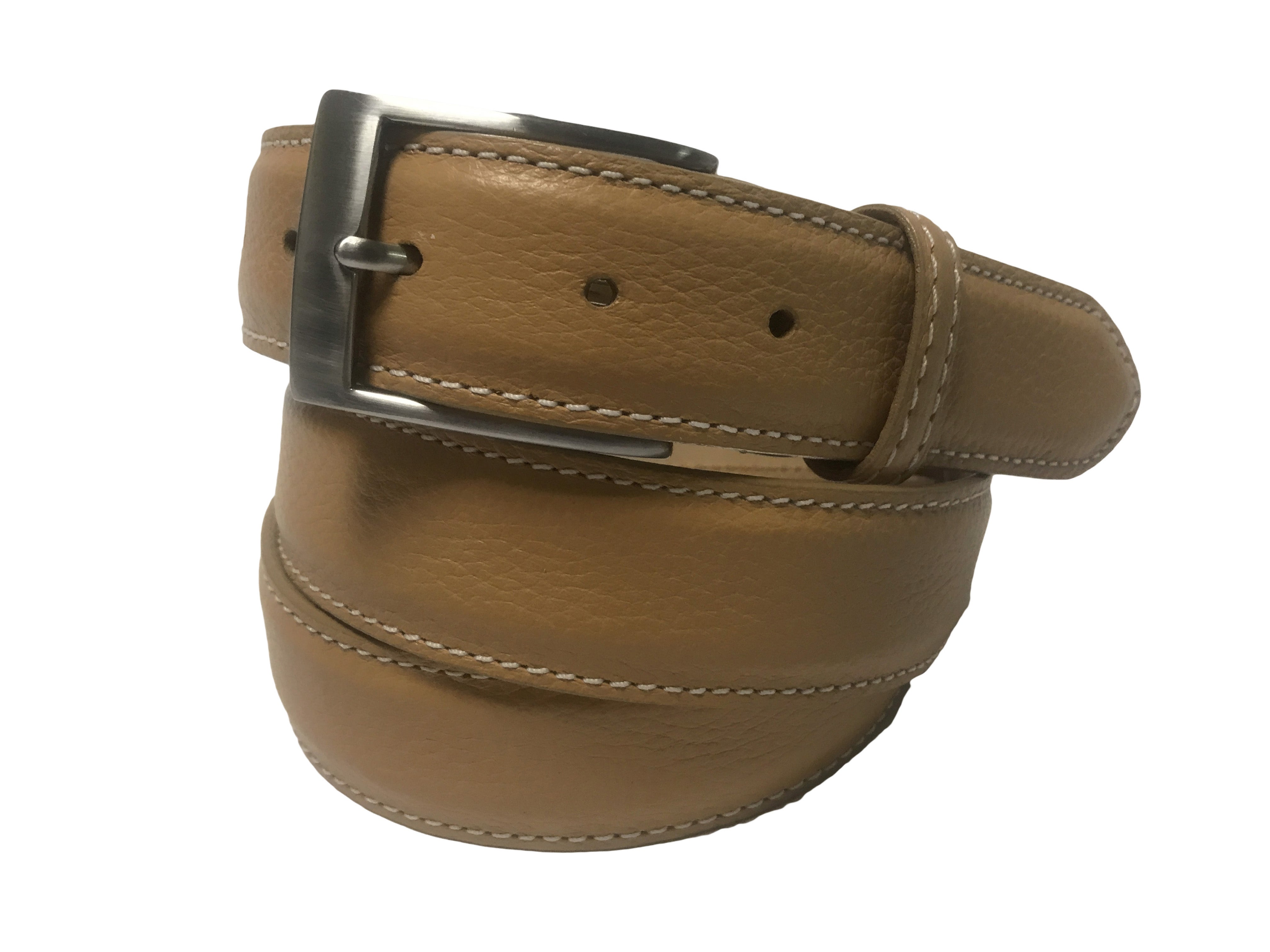 Calf Skin Pebble Belt Tan / White Stitch