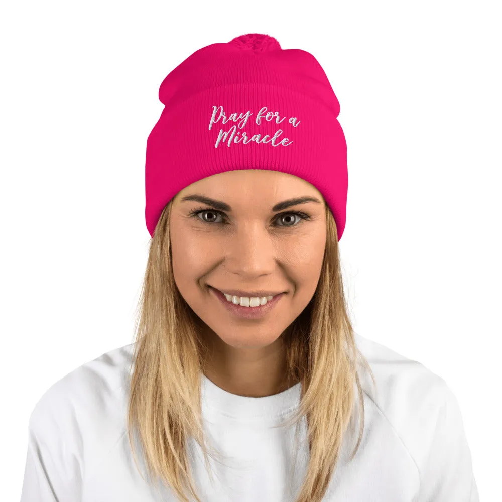 Margo's Collection - Pray for a Miracle  - White Embroidery - Pom-Pom Beanie - Different hat colors available