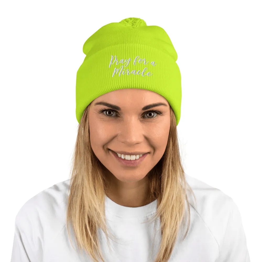 Margo's Collection - Pray for a Miracle  - White Embroidery - Pom-Pom Beanie - Different hat colors available