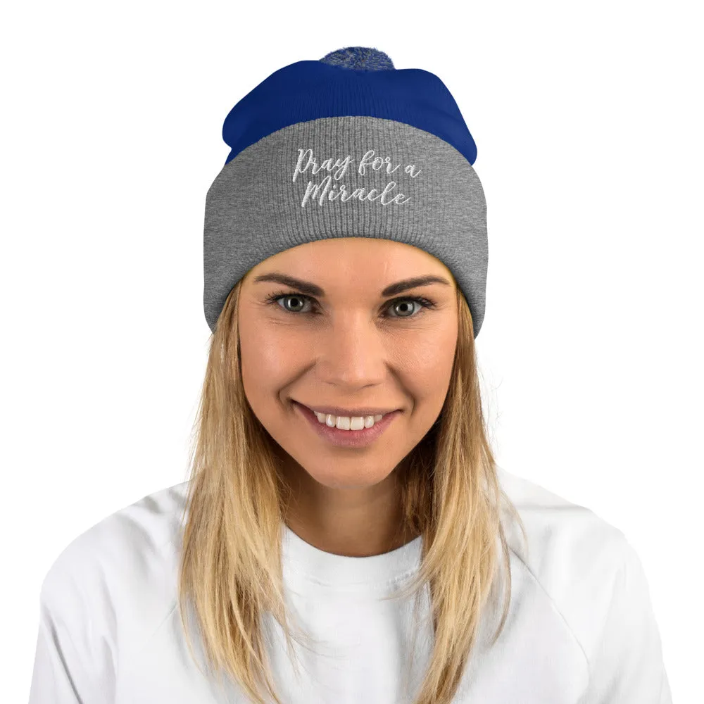 Margo's Collection - Pray for a Miracle  - White Embroidery - Pom-Pom Beanie - Different hat colors available