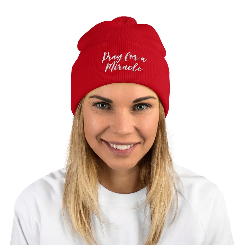 Margo's Collection - Pray for a Miracle  - White Embroidery - Pom-Pom Beanie - Different hat colors available