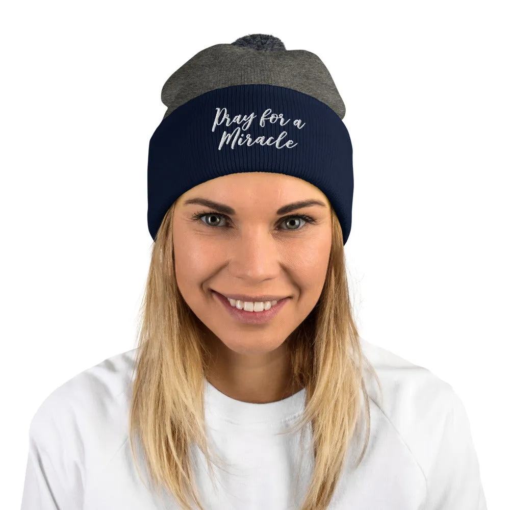 Margo's Collection - Pray for a Miracle  - White Embroidery - Pom-Pom Beanie - Different hat colors available