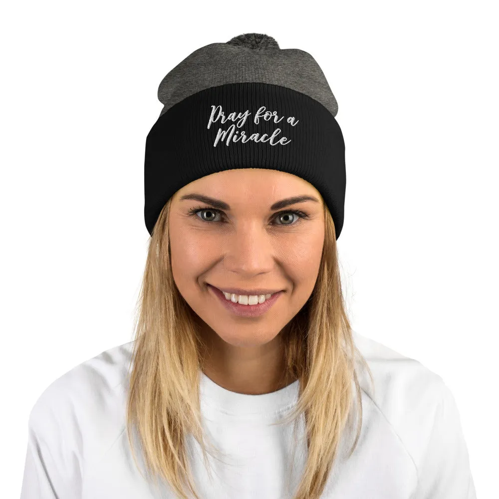 Margo's Collection - Pray for a Miracle  - White Embroidery - Pom-Pom Beanie - Different hat colors available