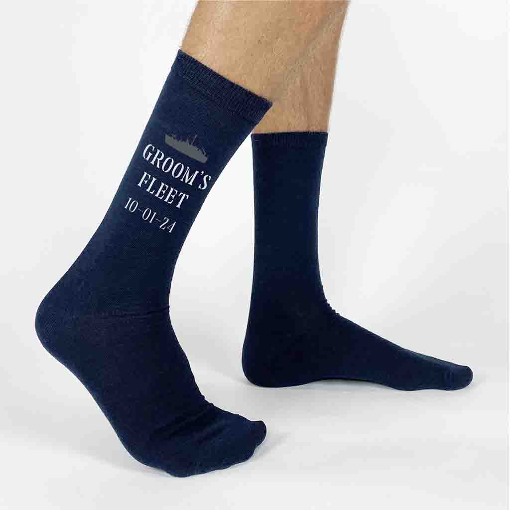 Navy Theme Personalized Wedding Socks with Wedding Date