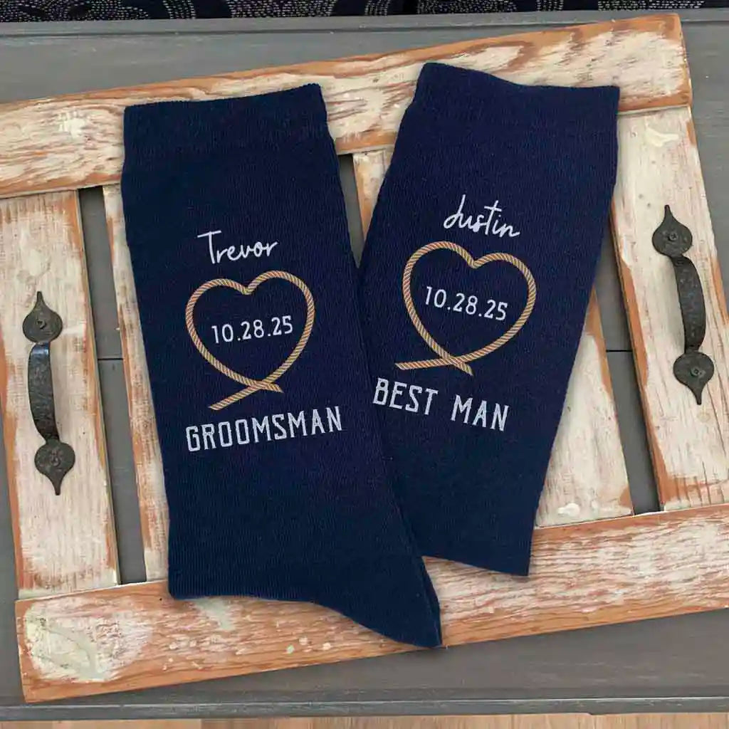 Personalized Rope Heart Groomsmen Socks for the Rustic Wedding Theme