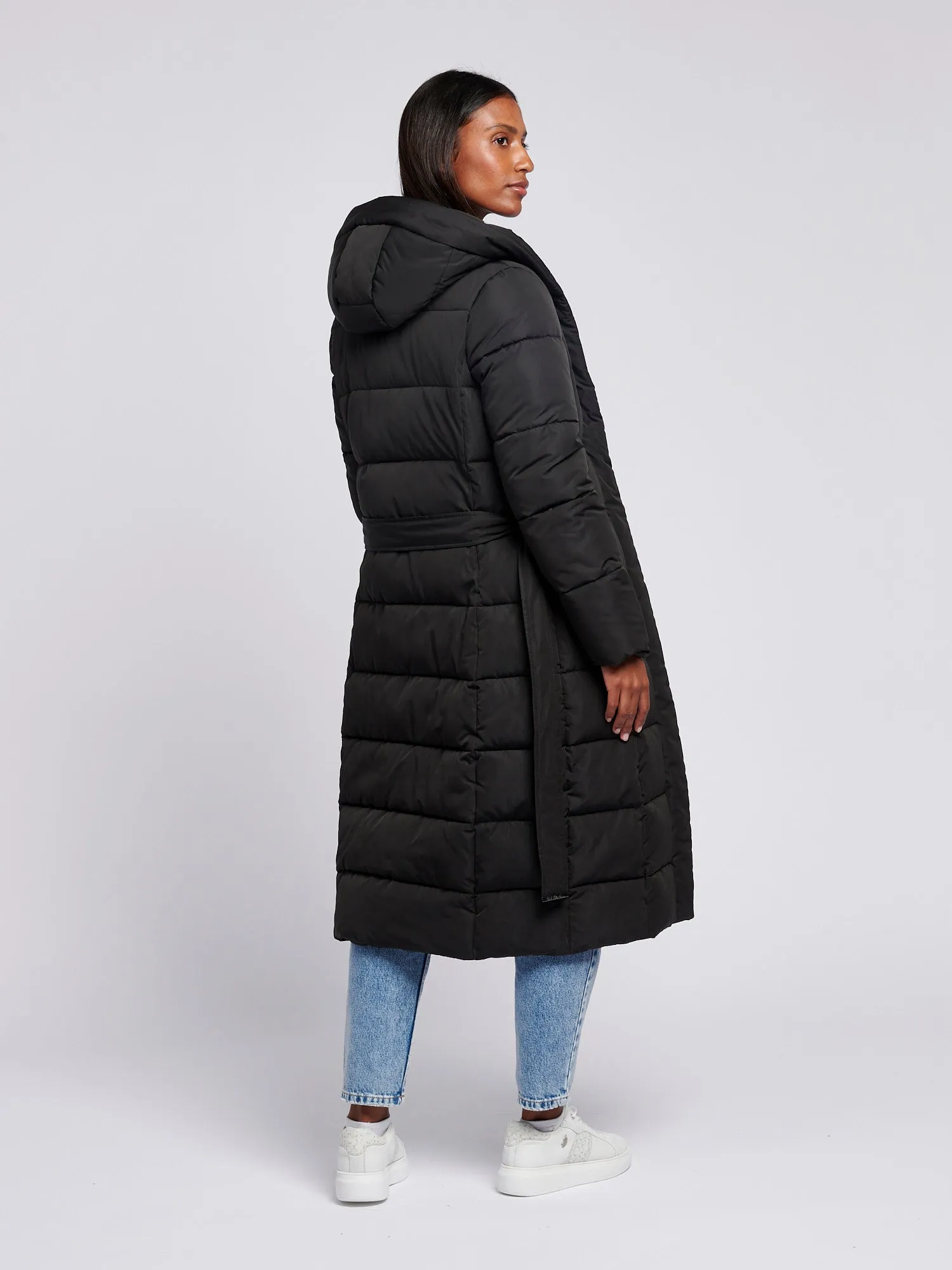 Womens Long Belted Puffer Coat in Black