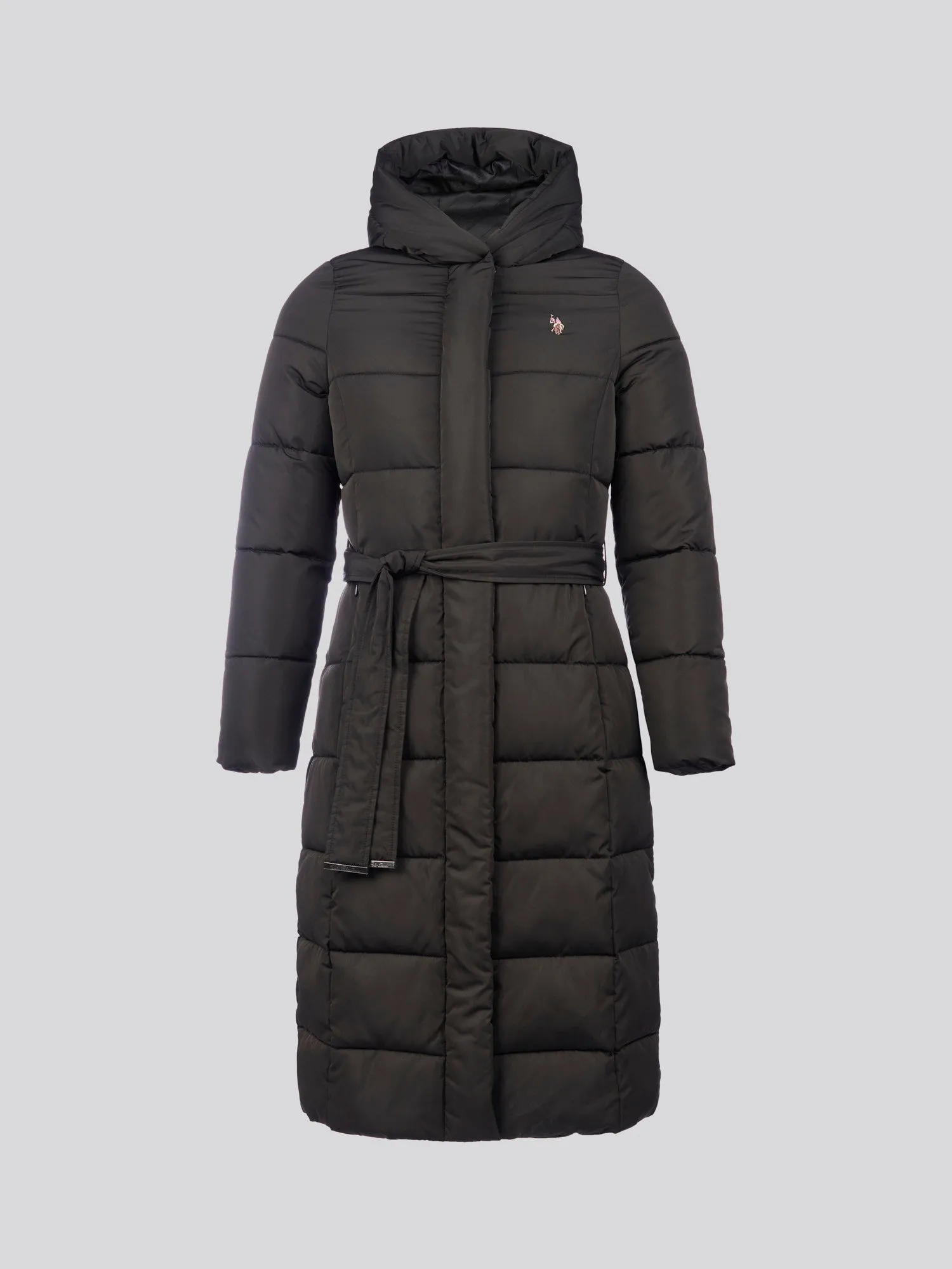 Womens Long Belted Puffer Coat in Black