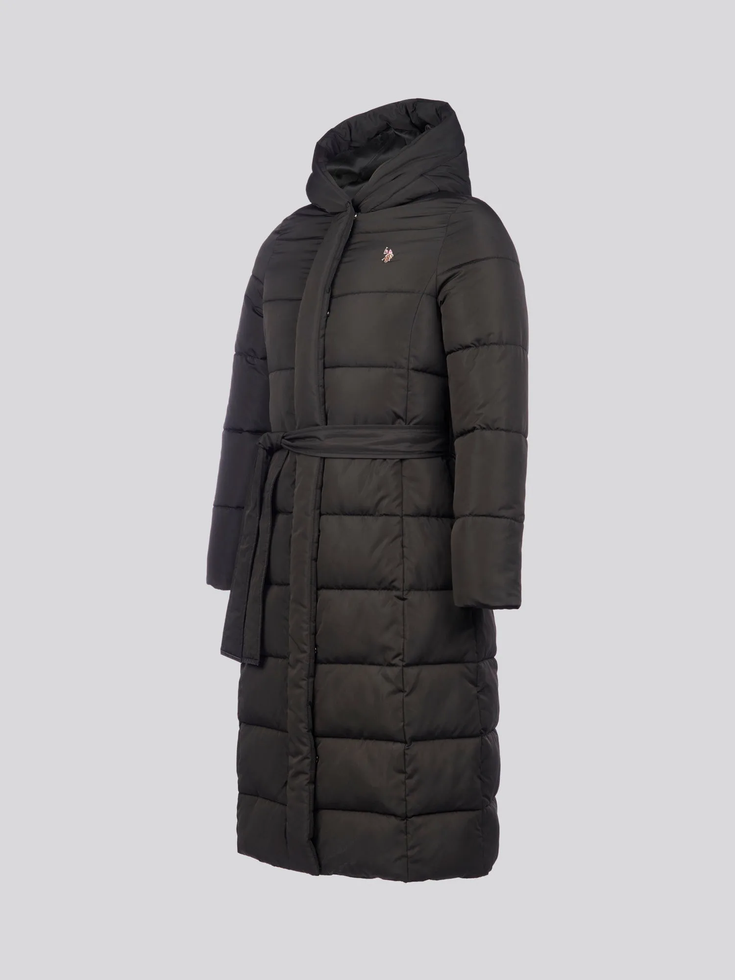 Womens Long Belted Puffer Coat in Black