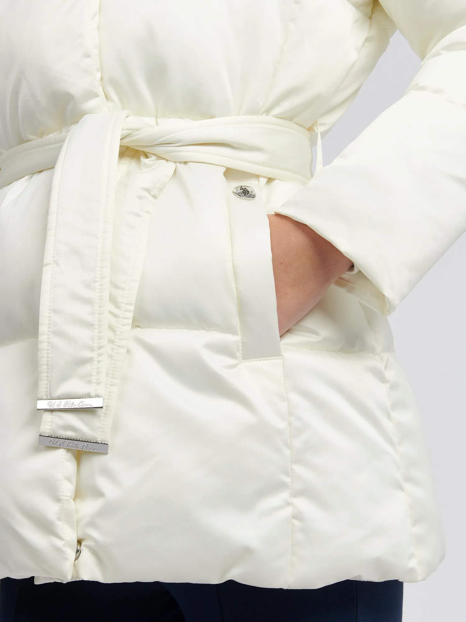 Womens Wrap Collar Belted Puffer Coat in Marshmallow