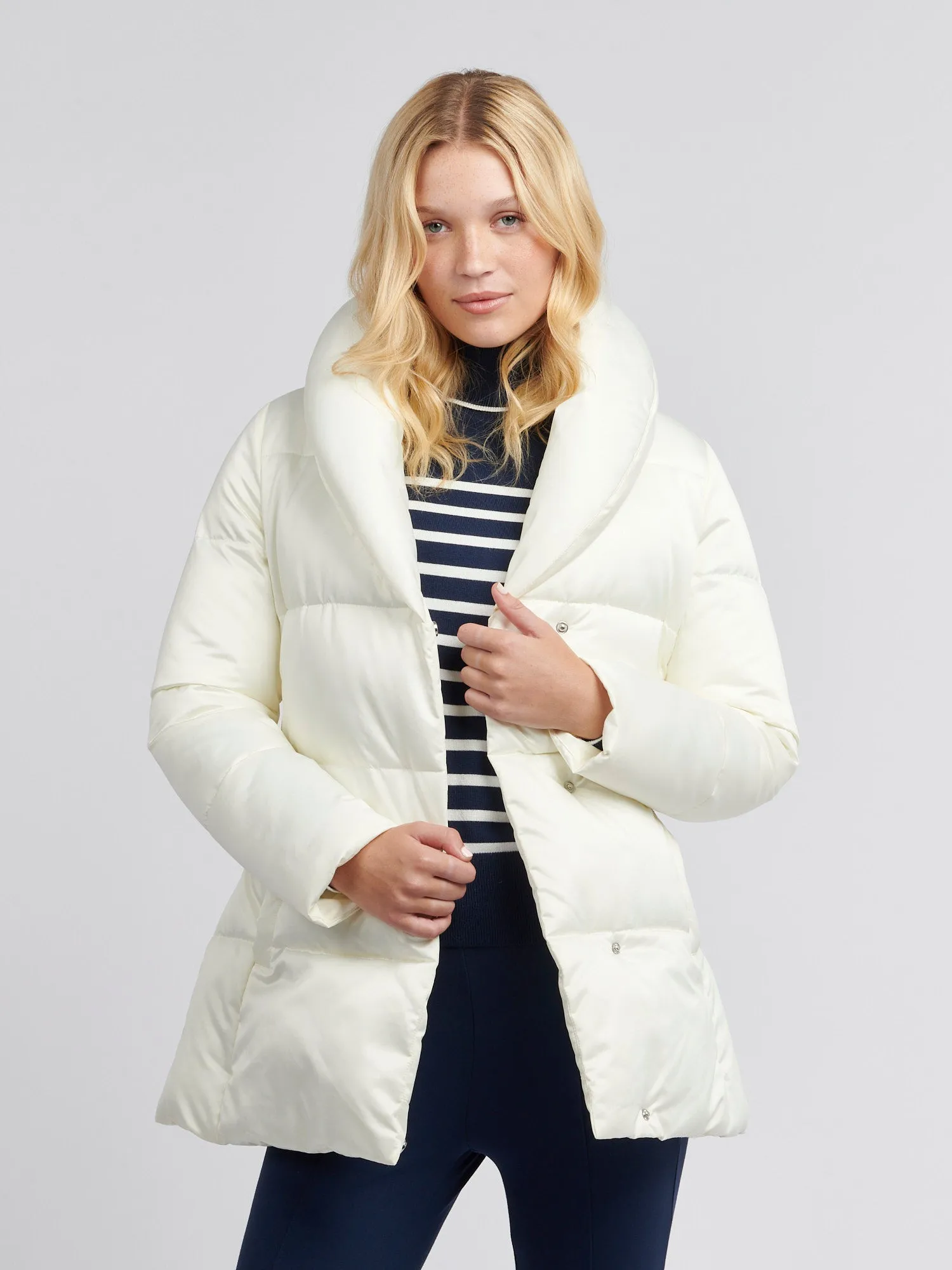 Womens Wrap Collar Belted Puffer Coat in Marshmallow